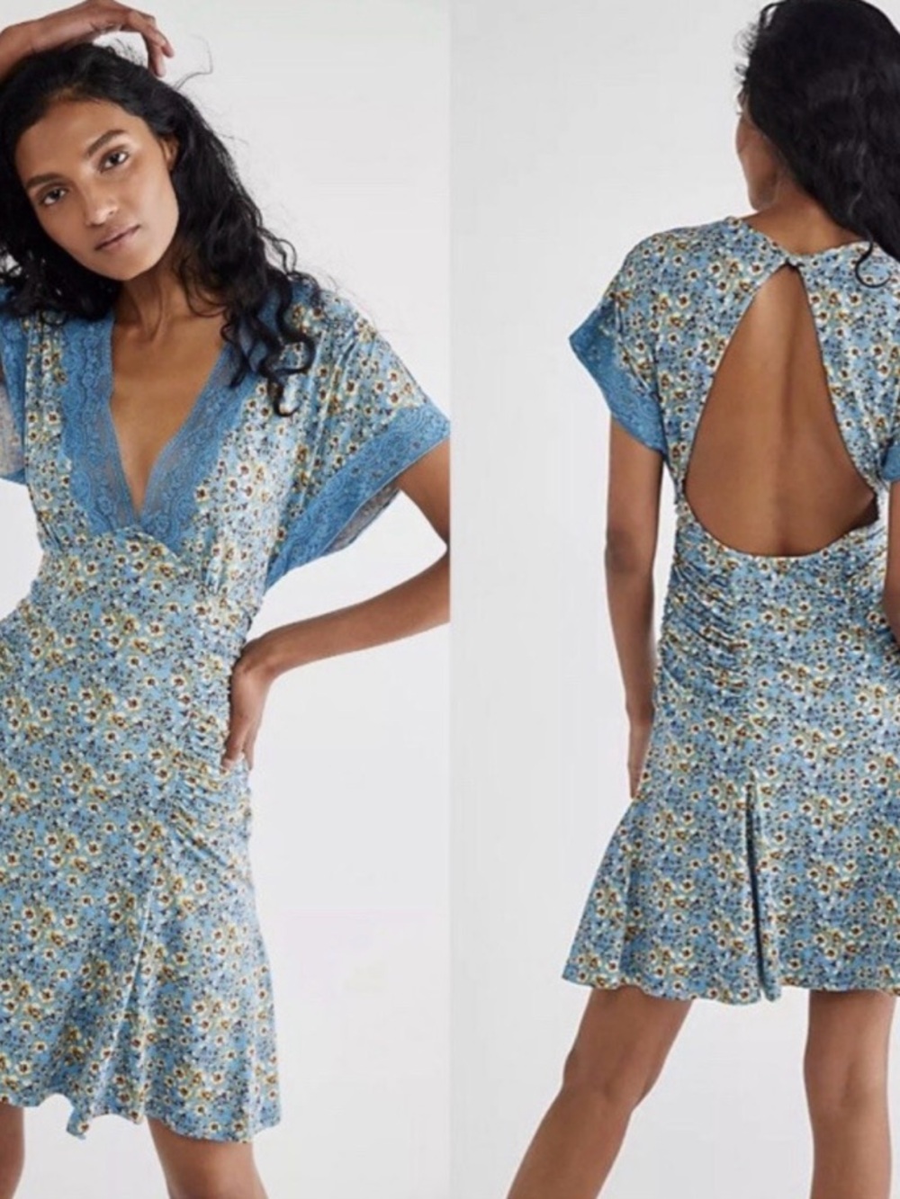 Free People Blue Floral Lace-Trim Open-Back Mini Dress